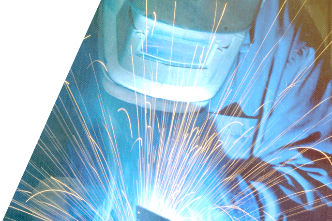 Welder with protective welding mask with sparks flying