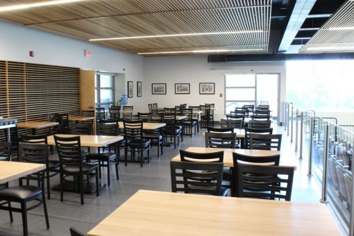 View of SGEI's Mezzanine equipped with restaurant-style tables