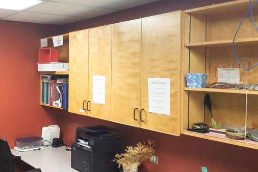 Row of cabinets in SGEI's Kenora campus supper pantry