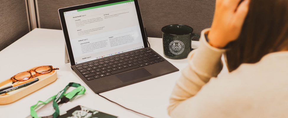 A focused student studying on a laptop