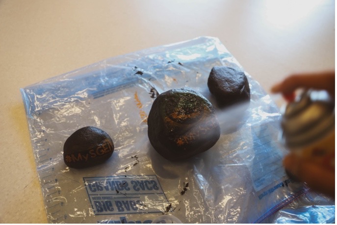 A group of painted rocks being sprayed with acrylic sealer