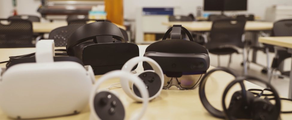 A display of virtual reality (VR) and augmented reality (AR) accessories laid out on a table