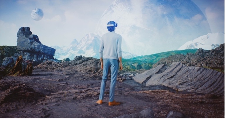 A man fully immersed in a virtual reality (VR) experience wearing a headset and interacting with the digital environment