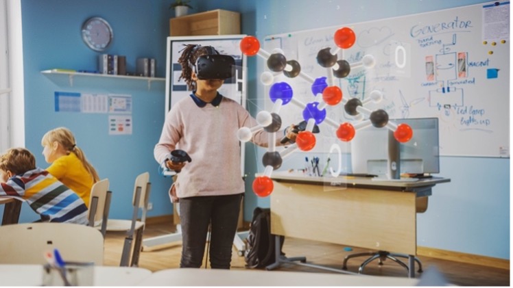 A young girl using a virtual reality (VR) headset to interact with molecular structures