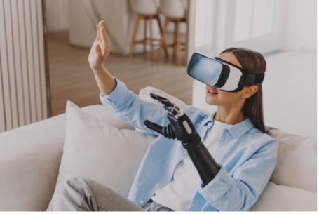 A disabled woman using a virtual reality (VR) headset to immerse in the digital environment