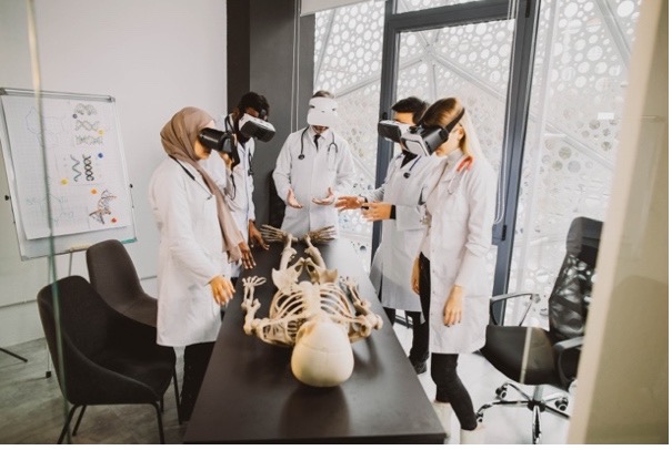 A group of nursing students explore the anatomy of the human body using virtual reality (VR) headset