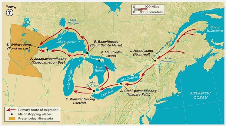 A map outlining the Anishinaabe migration west