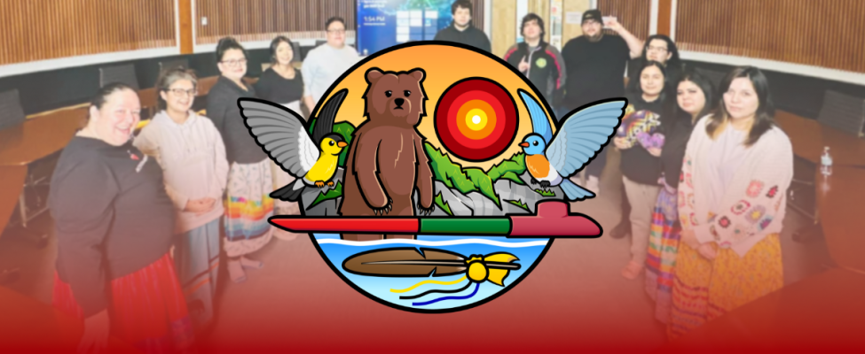 The Anishinaabemowini-ogichitaag logo overlaid in front of the program's current learners.
